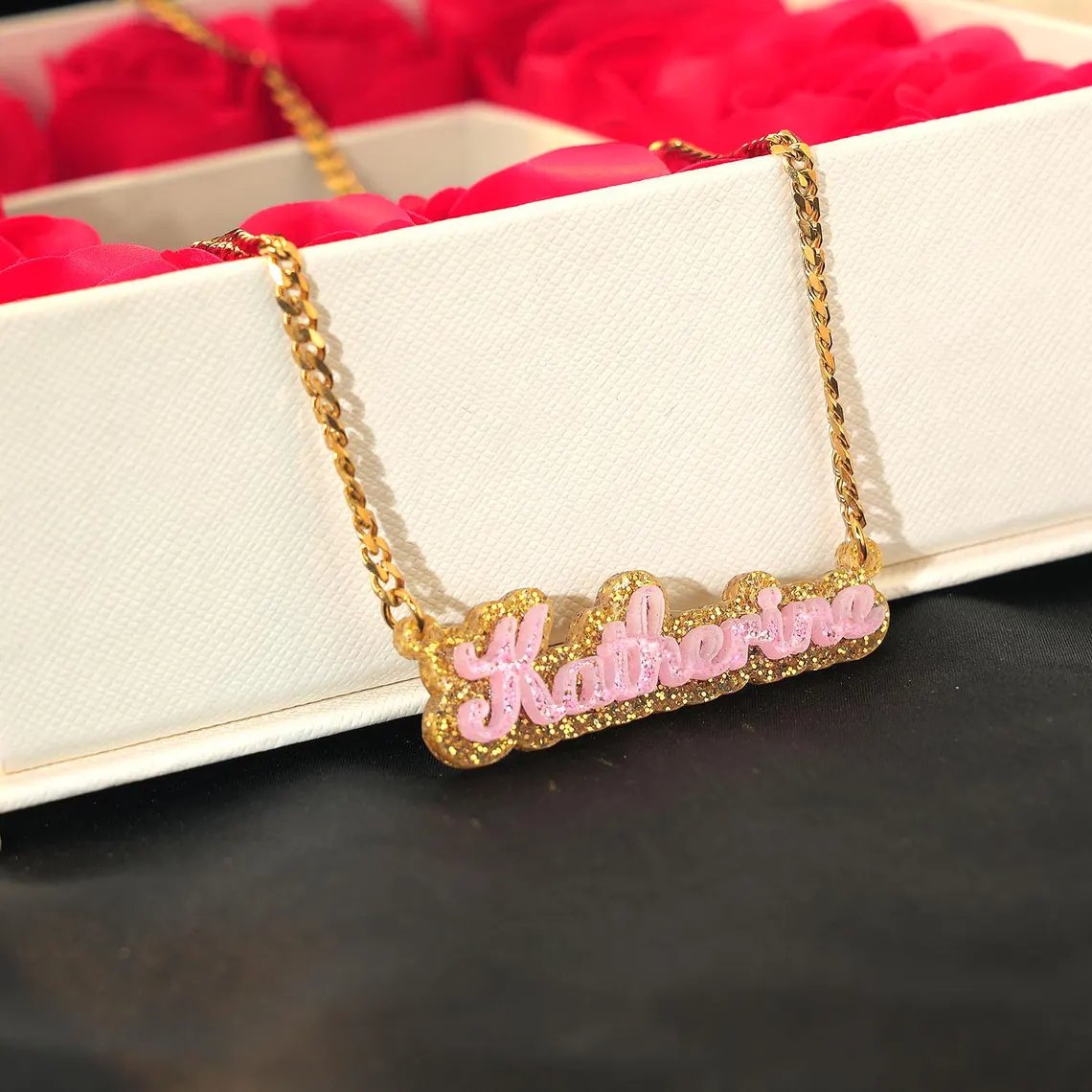 Personalized Acrylic Golden Sequins Pink Nameplate Necklace