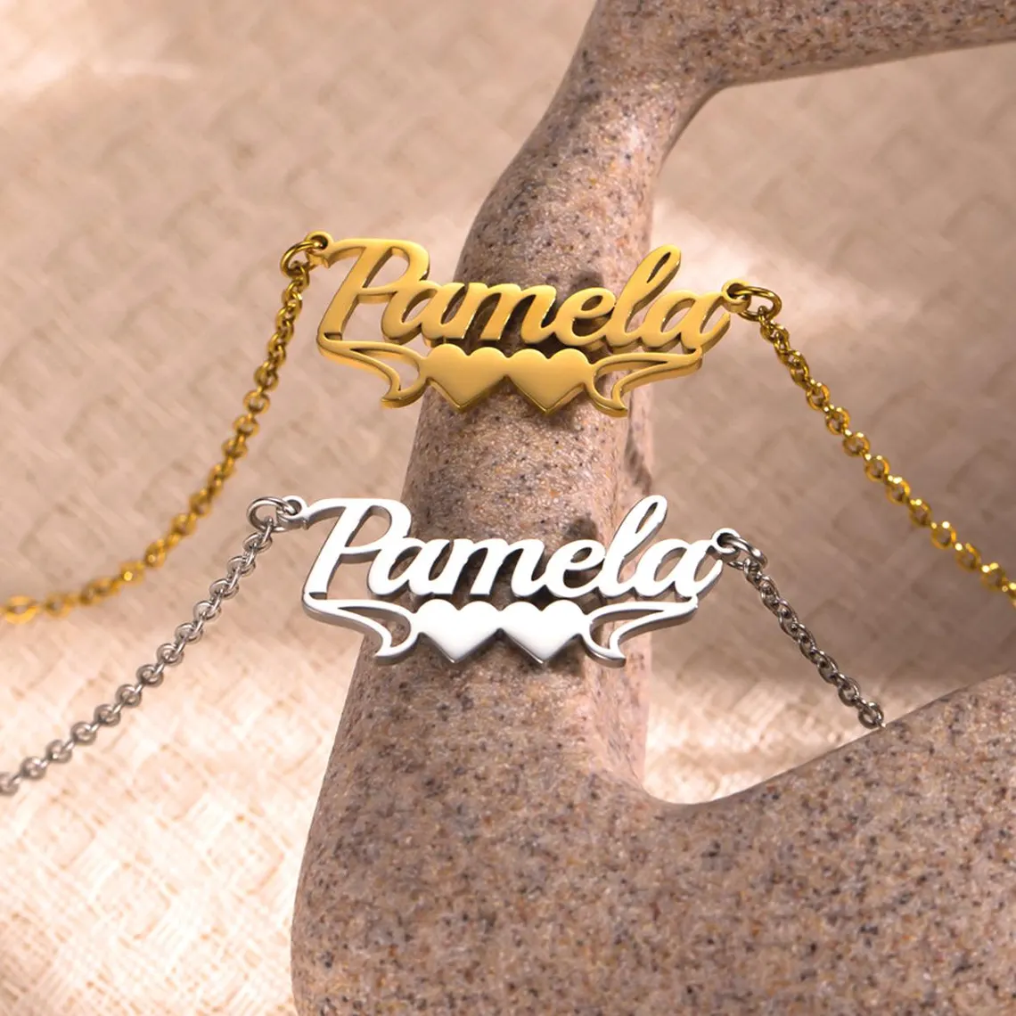 Double Hearts Personalized Single Plate Name Necklace