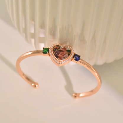 Custom Heart Photo with Two Birthstones Bangle Bracelet