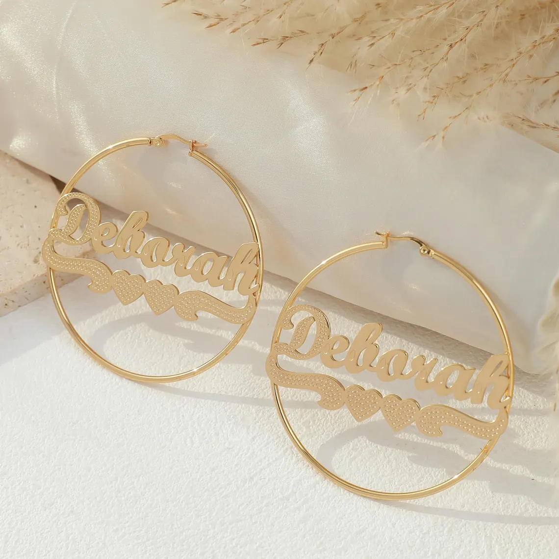 Double Hearts Nameplate Personalized Hoop Earrings