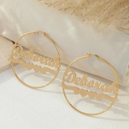 Double Hearts Nameplate Personalized Hoop Earrings