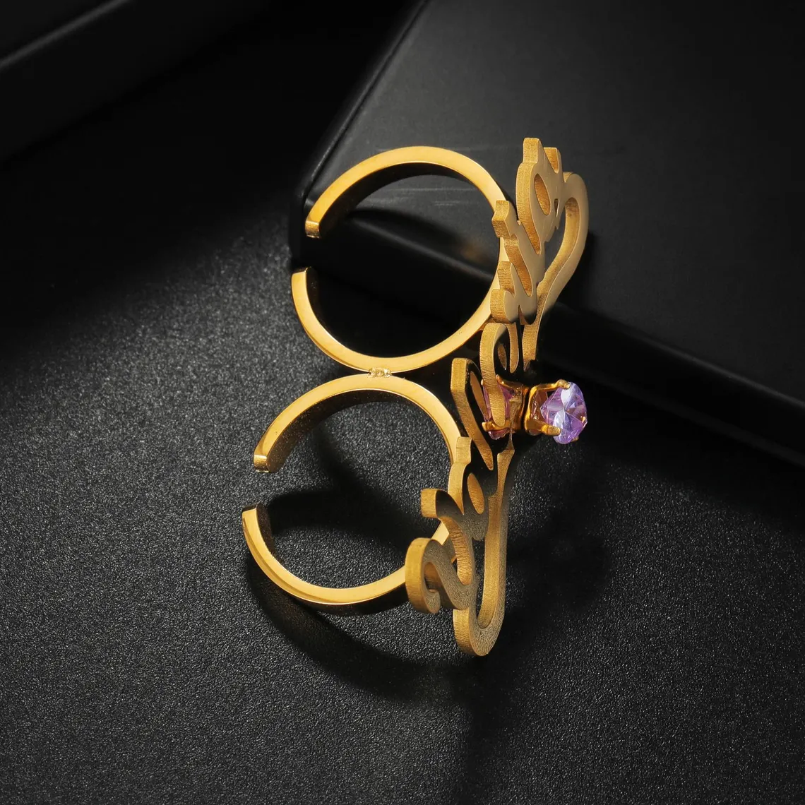 Custom Heart Birthstone Two Finger Custom Gold Plated Name Ring