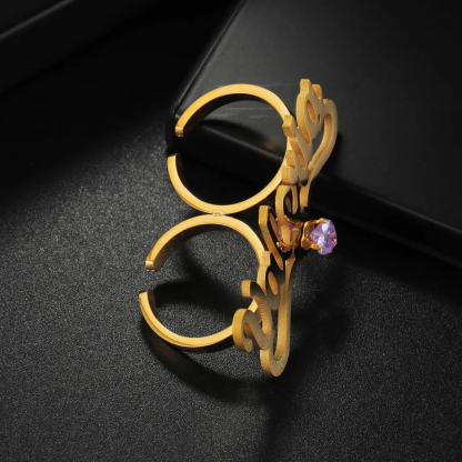 Custom Heart Birthstone Two Finger Custom Gold Plated Name Ring