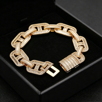 Hip Hop Iced Out Mariner Chain Baguette Cut Rectangle Cuban Link Bracelet