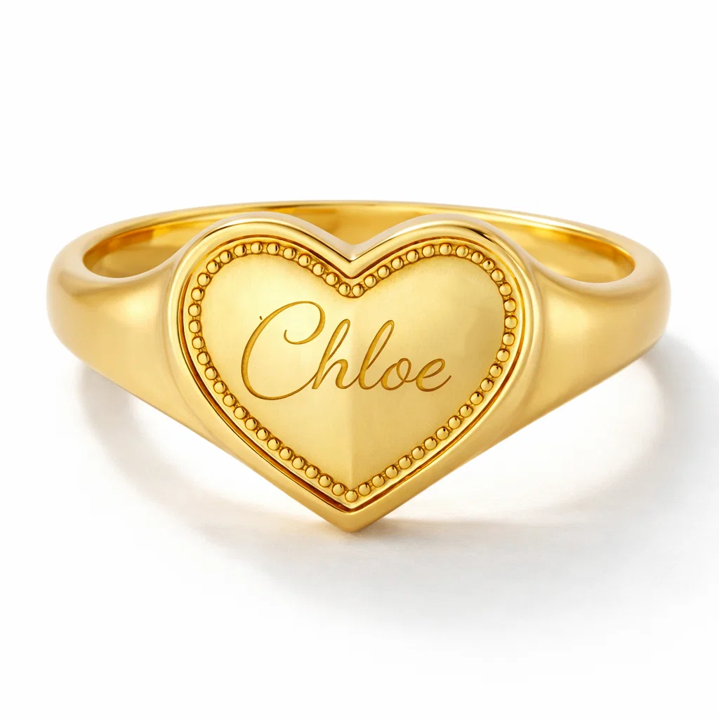 Classic Heart Shape Engraved Name Ring Gold Plated