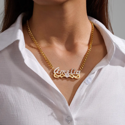 Custom Two Tone Double Plate Diamond Cut 3D Heart Name Necklace