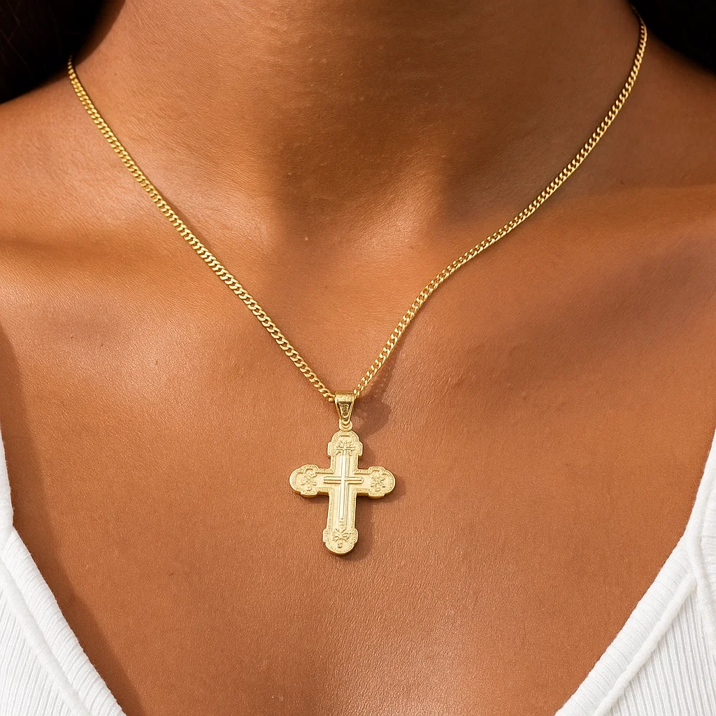 Gold Plated Vintage Style Cross Pendant Necklace