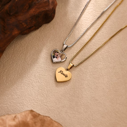 Personalized Heart Photo Pendant Engraving Name Necklace Box Chain