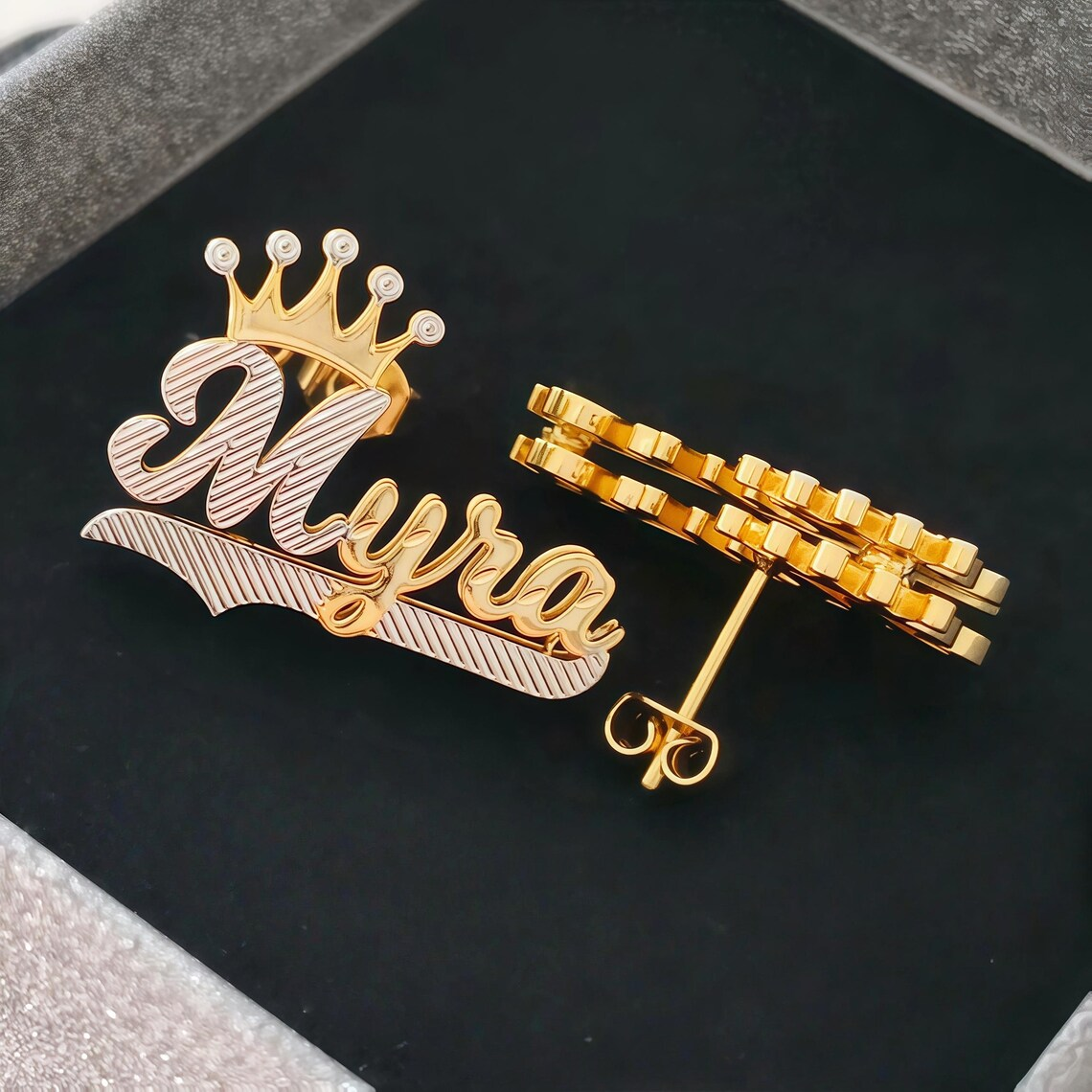 Customized Double Plate Crown Name Stud Earrings