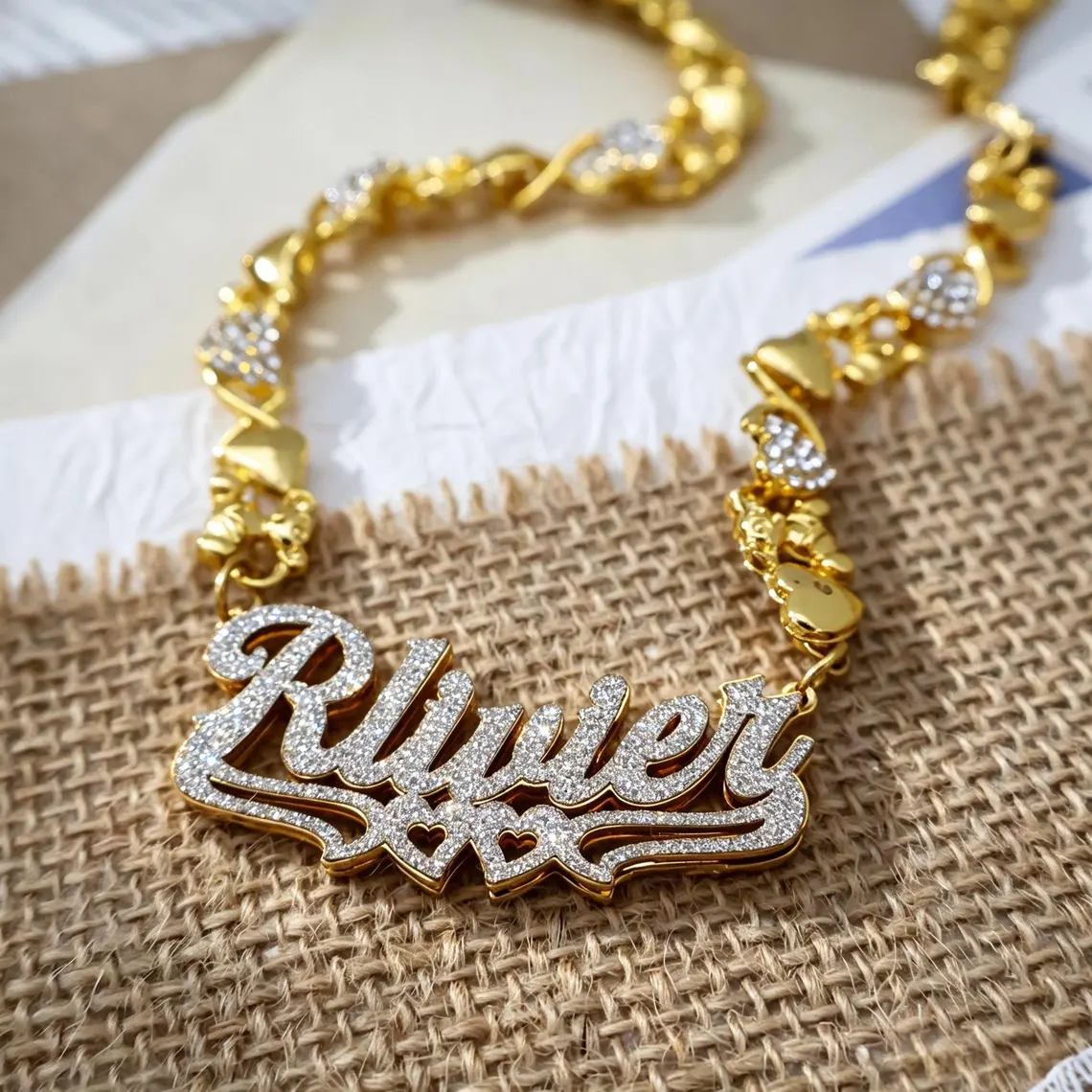 Xoxo Heart Chain Custom Shiny Double Heart Name Necklace