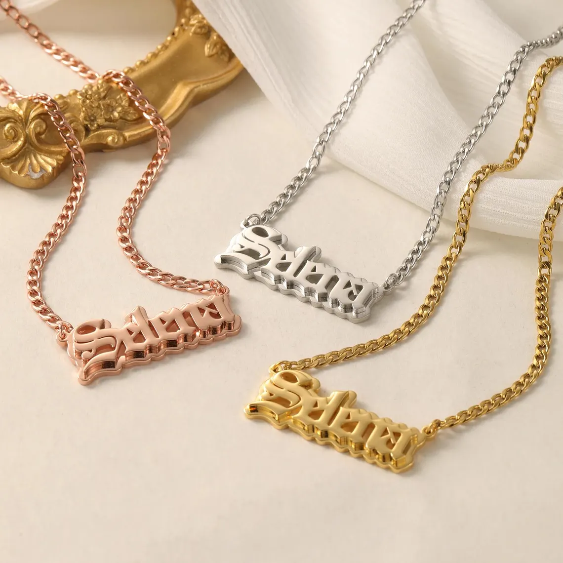 Custom Old English Name Necklace Double Plated Cuban Link Pendant