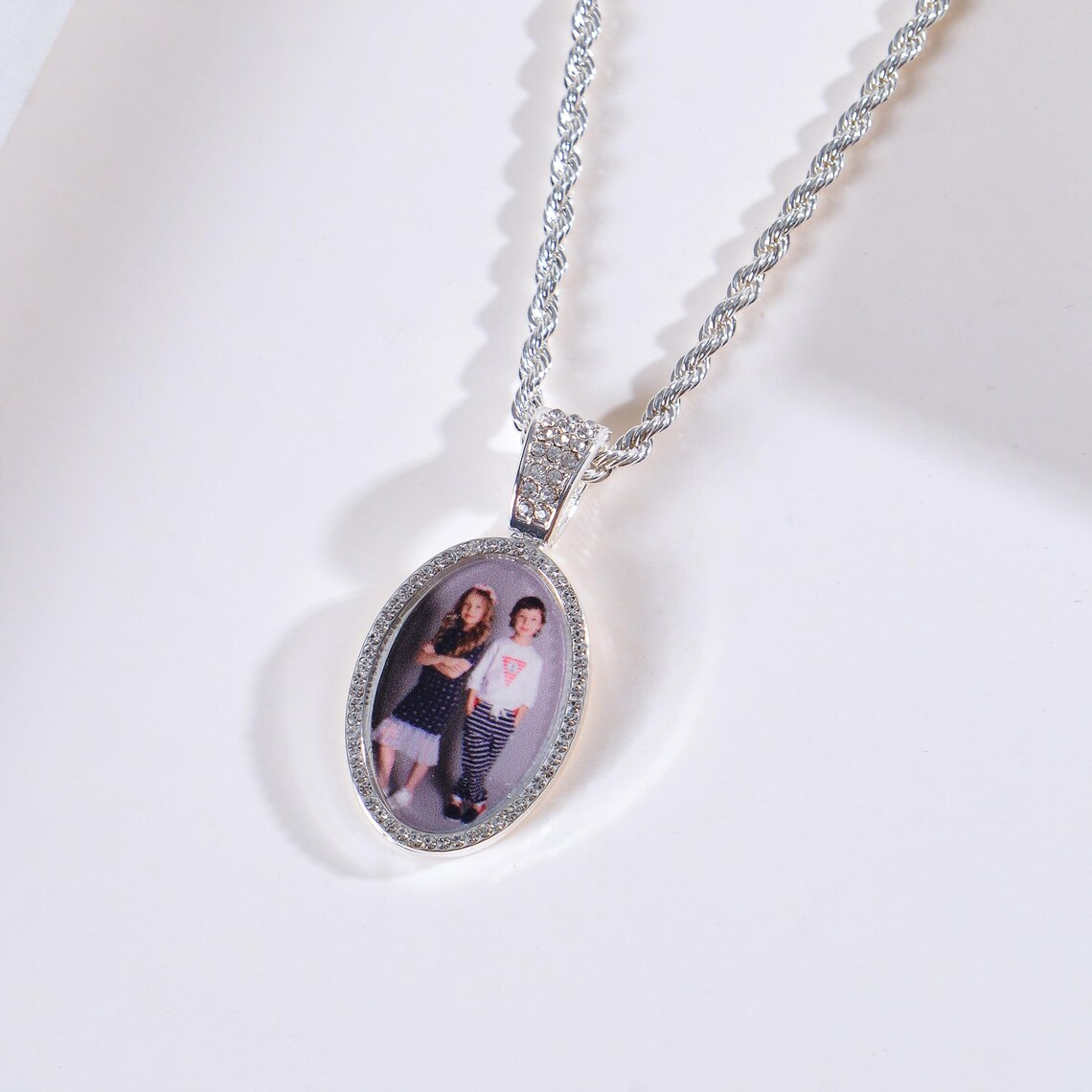 Personalized Diamond Oval Photo Pendant Necklace Rope Chain