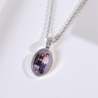 Personalized Diamond Oval Photo Pendant Necklace Rope Chain