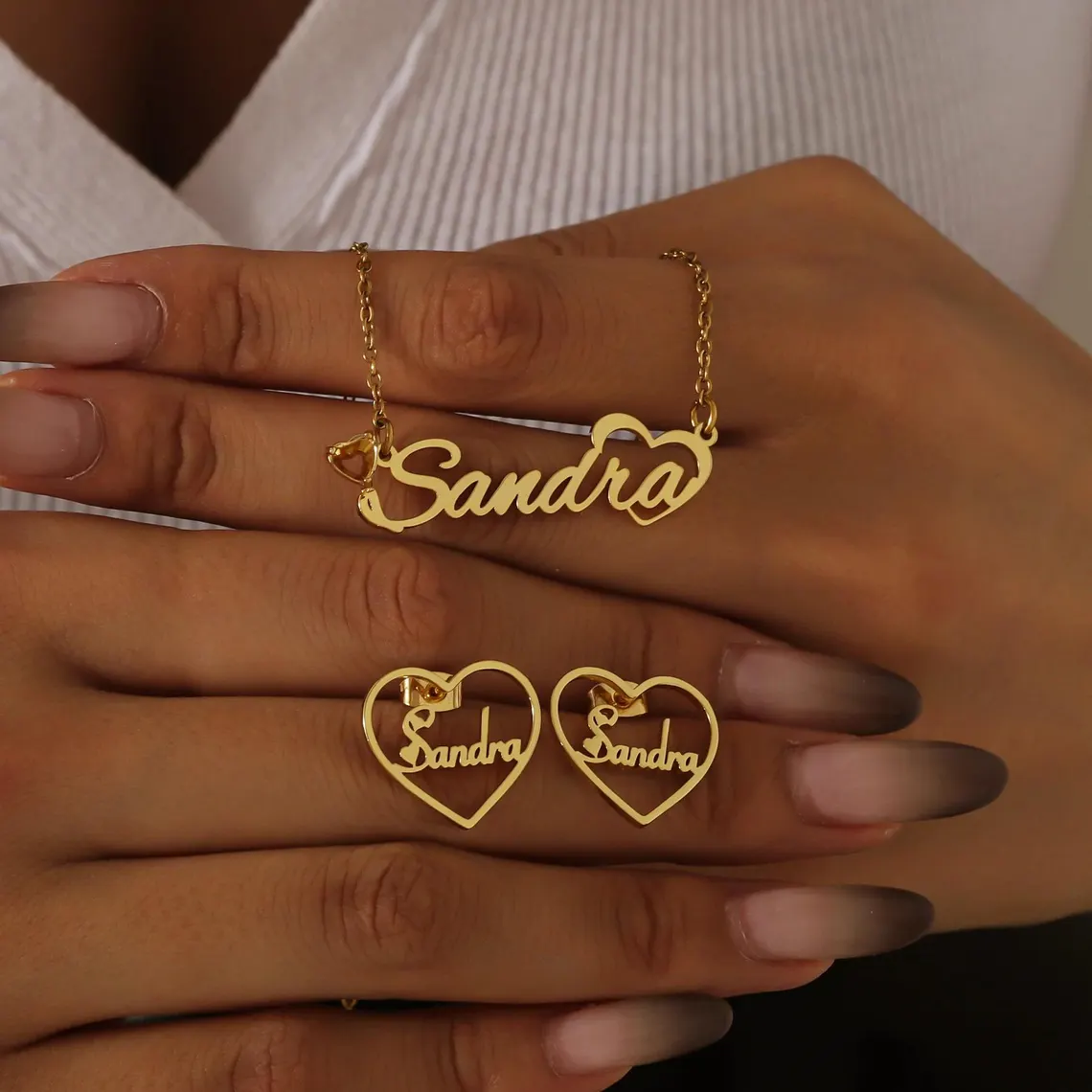 Heart Birthstone Nameplate Necklace and Stud Earrings Set
