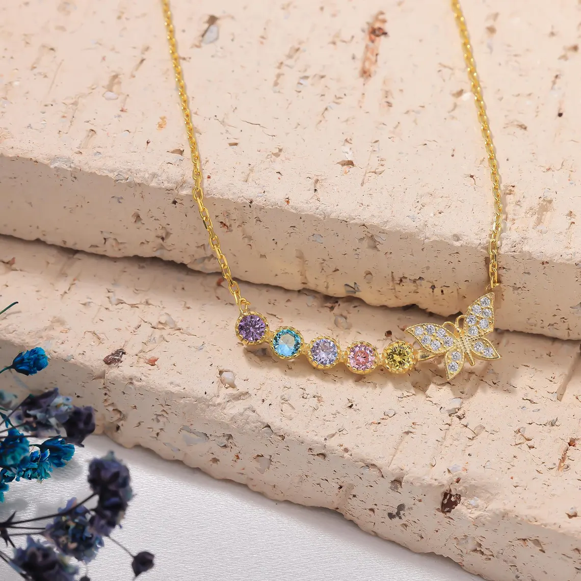 Personalized Butterfly 1 to5 Multi-birthstone Necklace Family Necklace