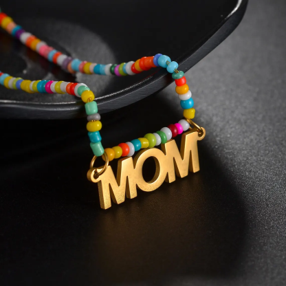 Gold Plated Personalized Nameplate Pendant Colorful Beaded Necklace