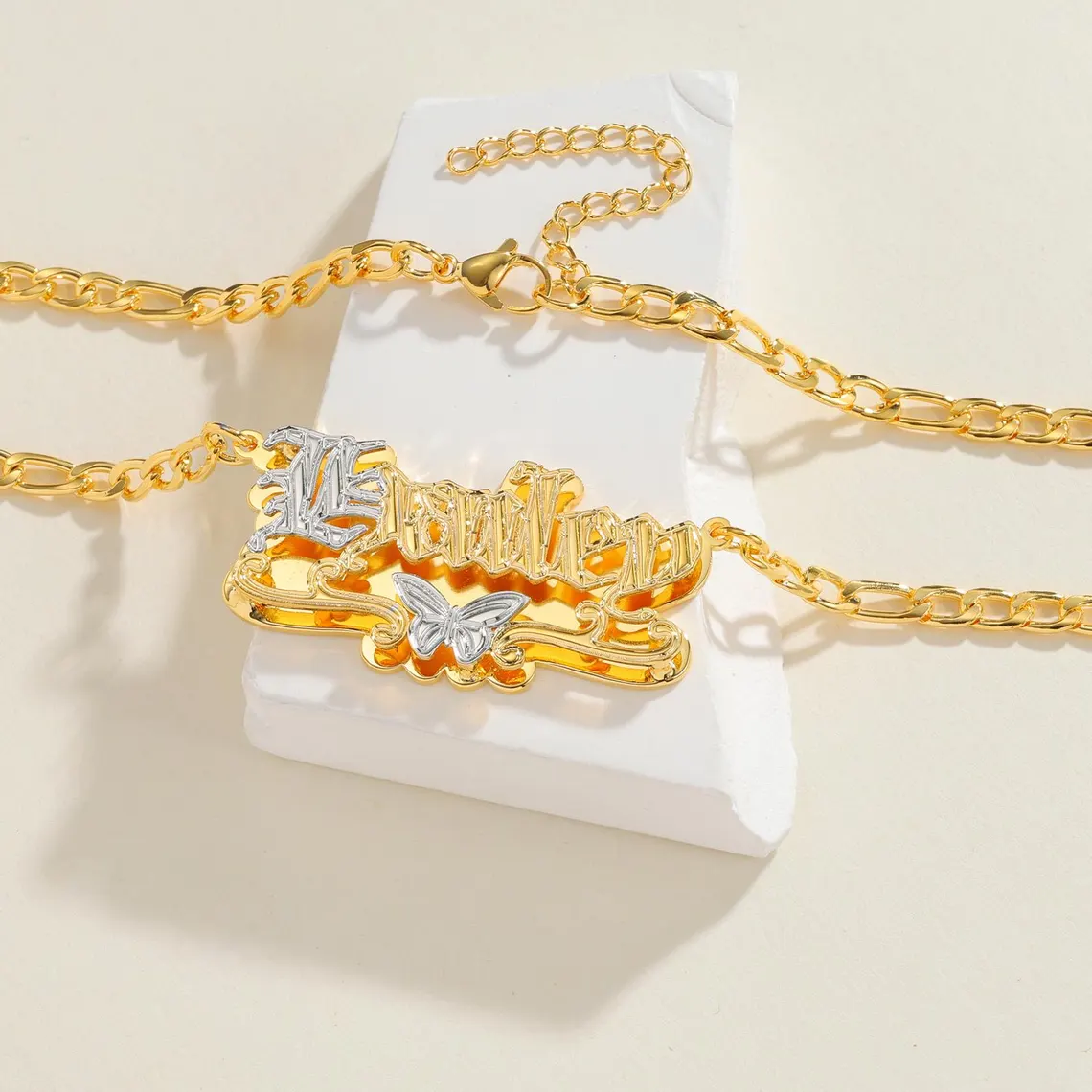 Custom Two Tone Double Layer Butterfly Name Necklace English Font