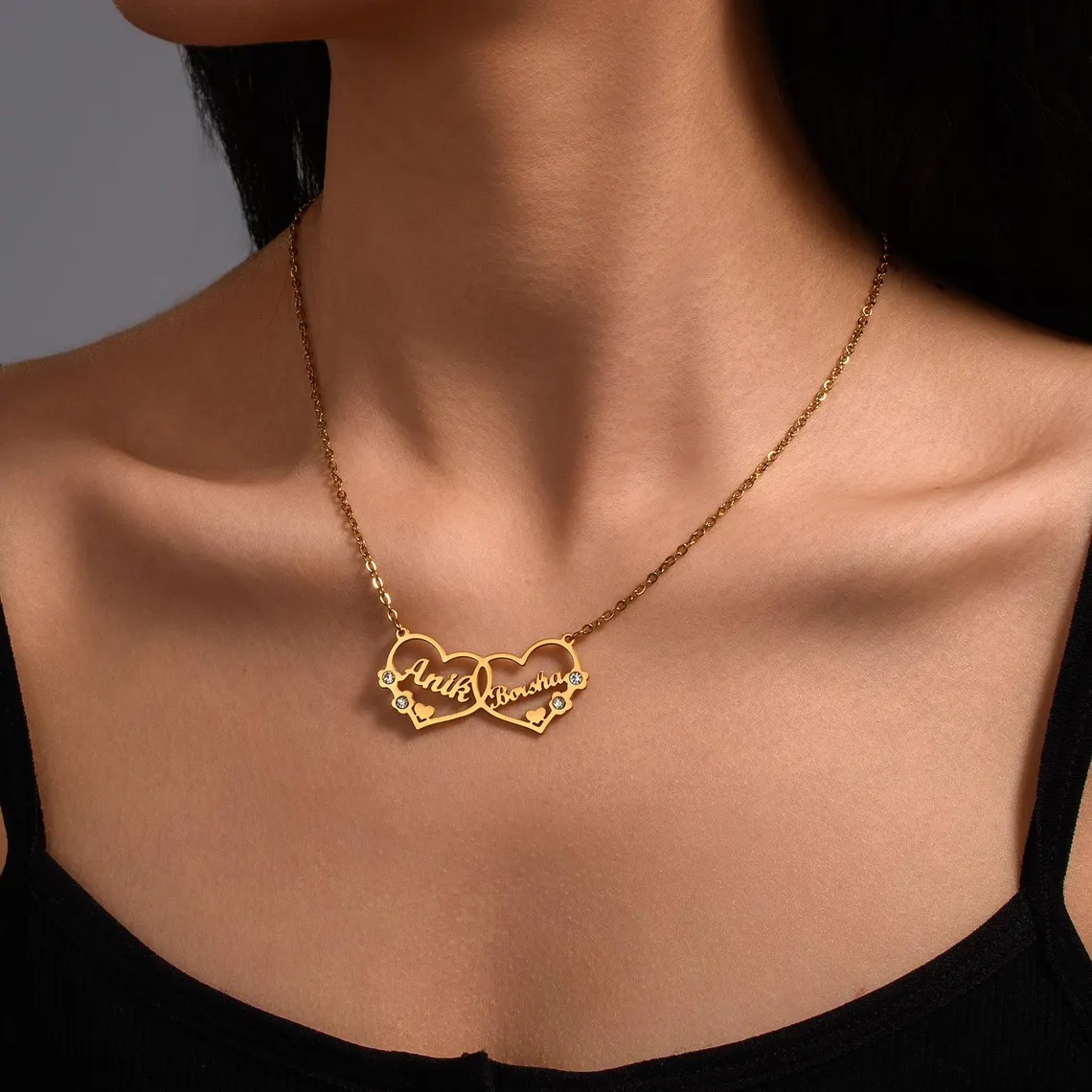 Personalized Couple Double Hearts with Zircons Two Names Necklace
