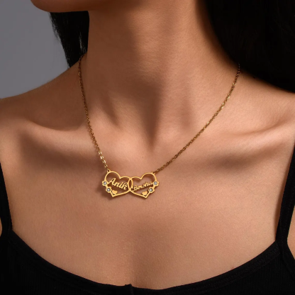 Personalized Couple Double Hearts with Zircons Two Names Necklace