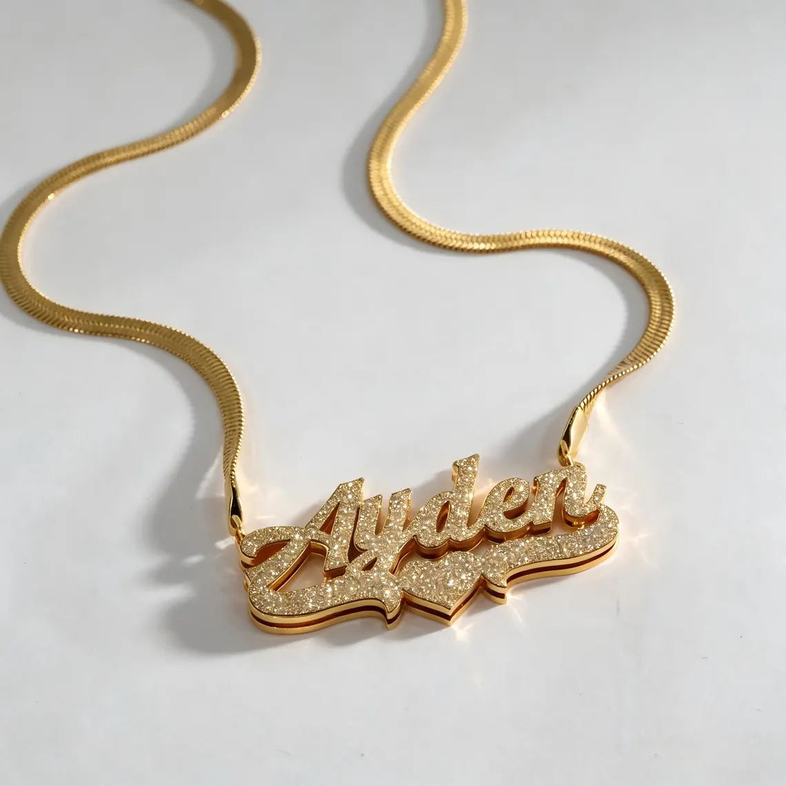 Personalized Shiny Double Plate Glitter Heart Name Necklace