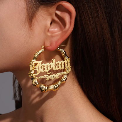 Custom Old English Name with Heart Bamboo Earrings