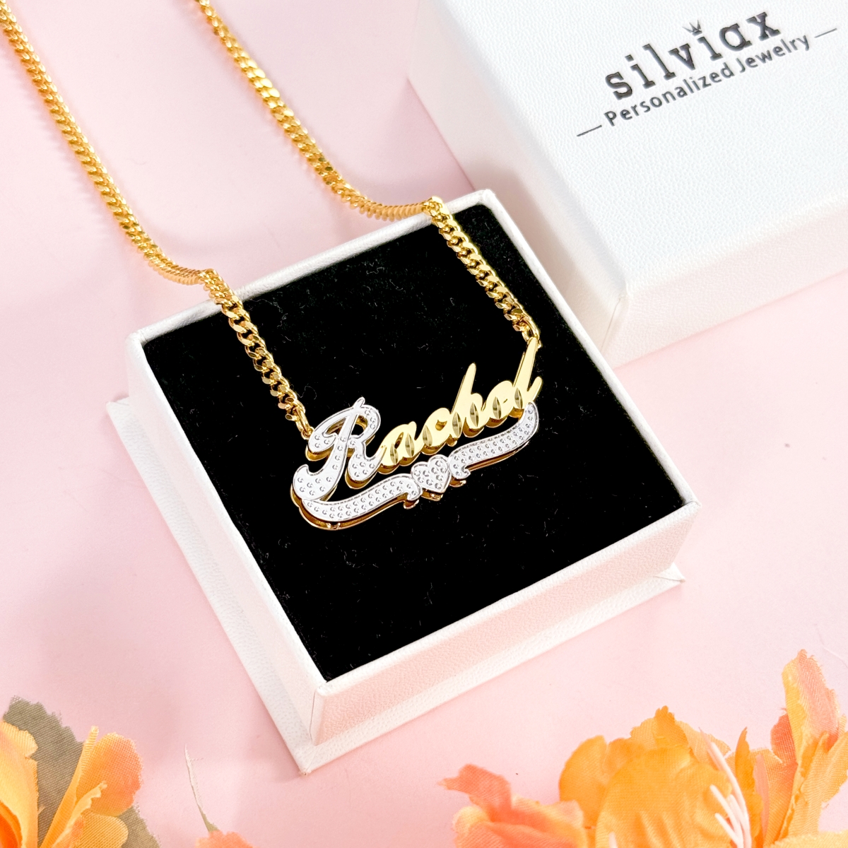 Double Layer Two Tone Heart Nameplate Personalized Custom Name Necklace Gold Plated Jewelry Gift For Women Girl
