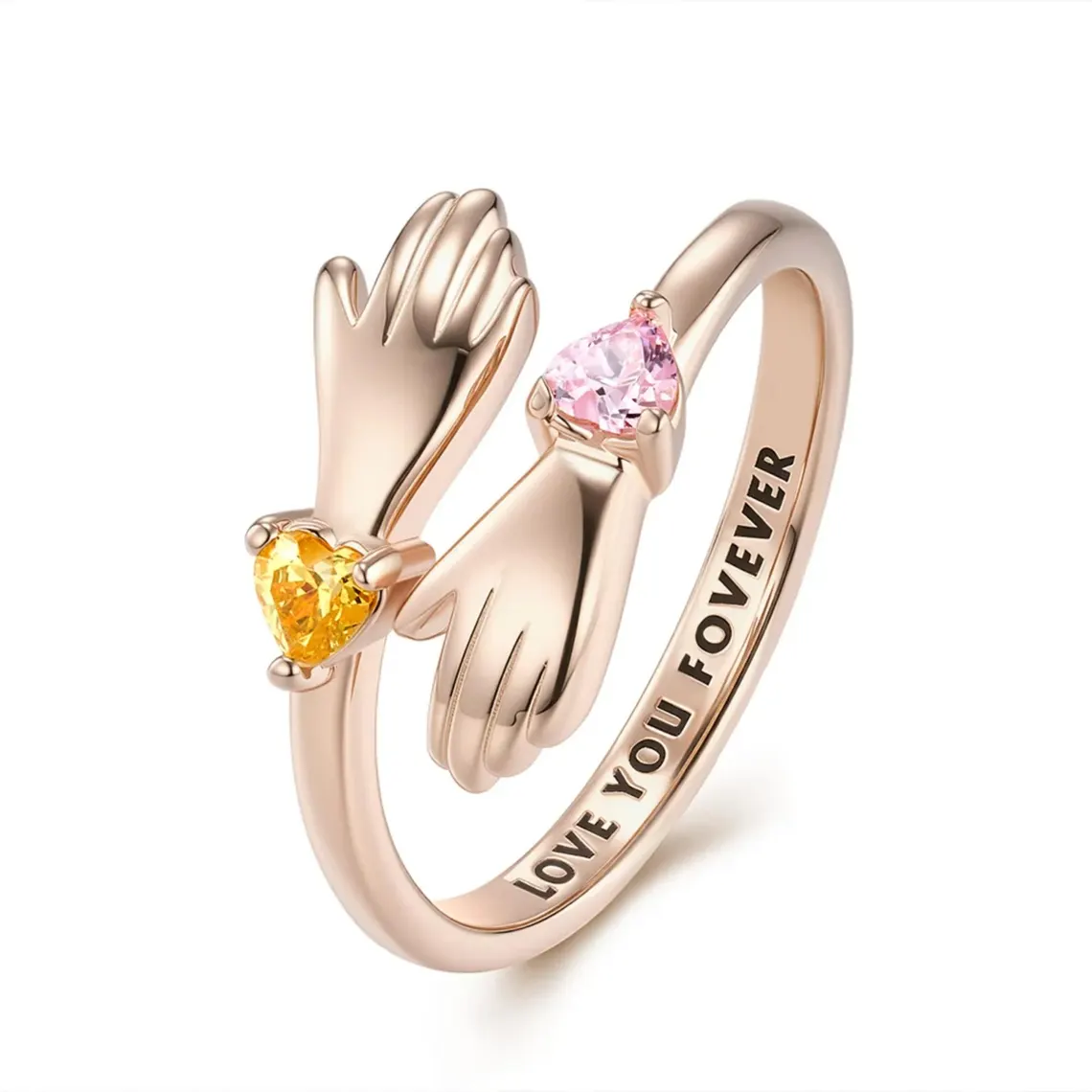 Personalized Hug Ring with Heart Birthstones Engraving Ring