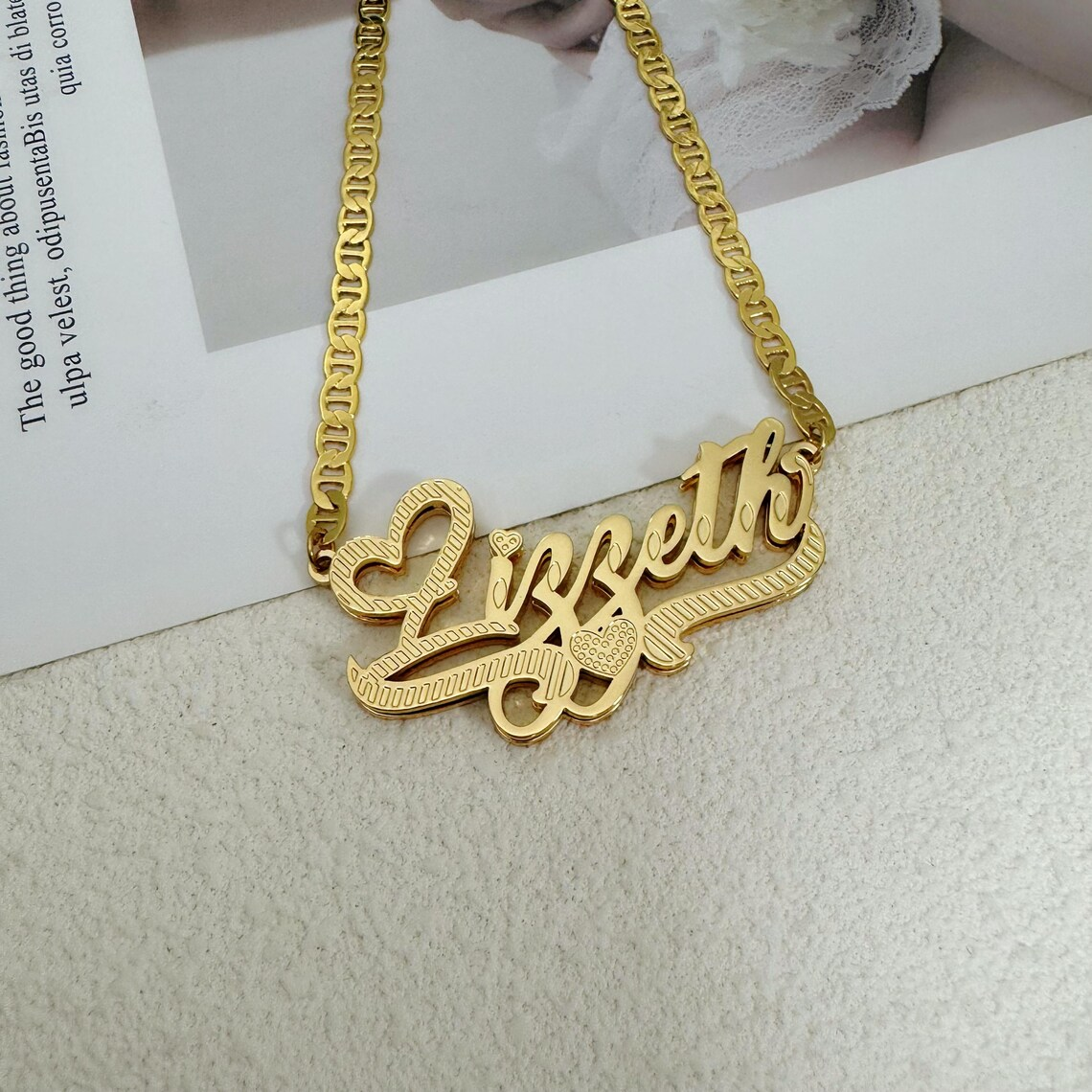 Custom Double Plate Diamond Cut Heart 3D Name Necklace