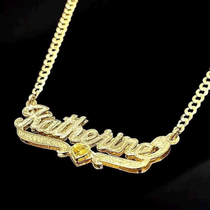 Diamond Cut Heart Birthstone Double Layer Nameplate Custom Necklace