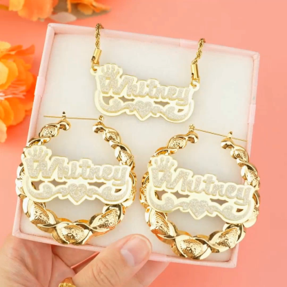 Acrylic Nameplate with Crown and Swirls Heart Personalized Custom Jewelry Set Name Necklace and XOXO Bamboo Name Earrings