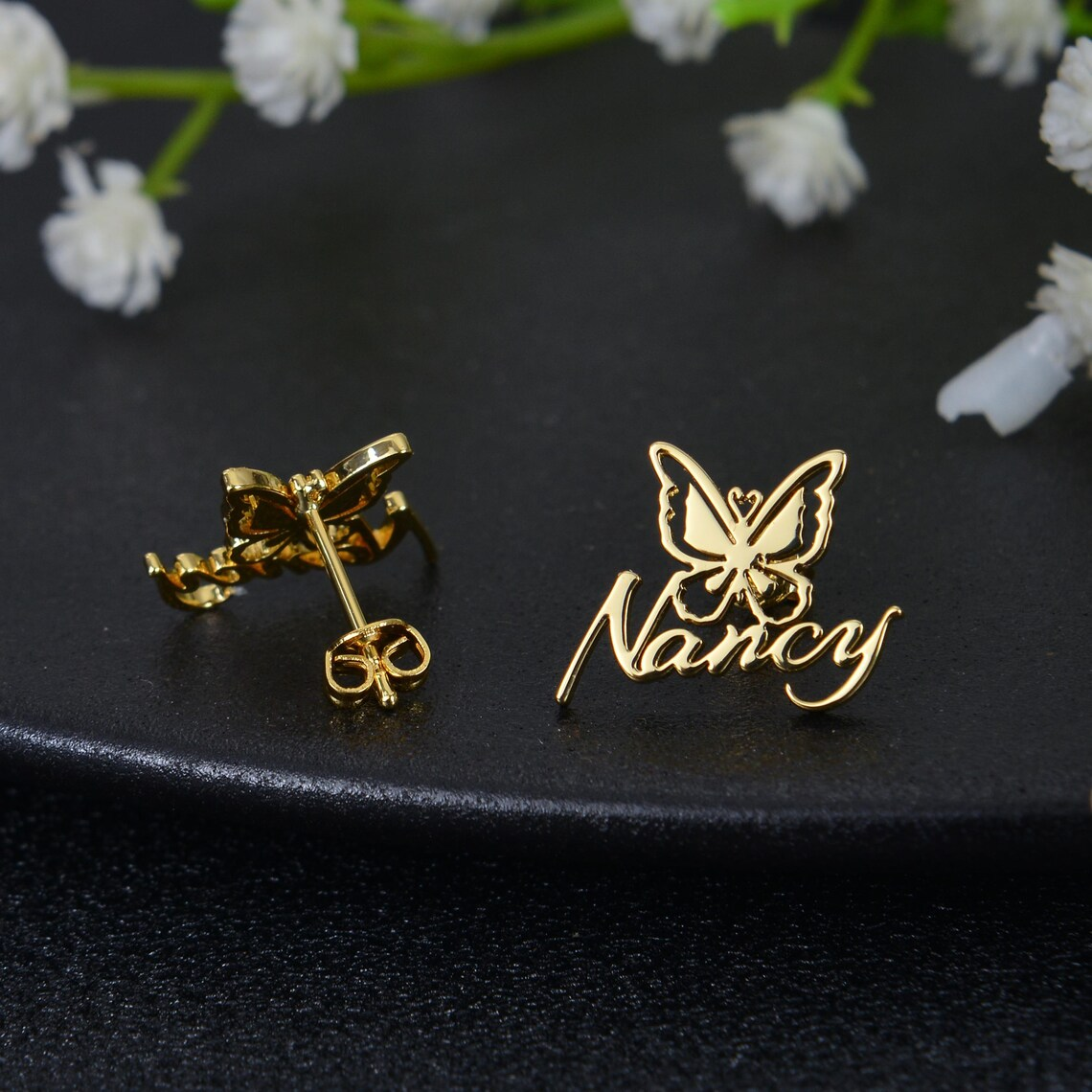 Butterfly Personalized Nameplate Gold Plated Stud Earrings