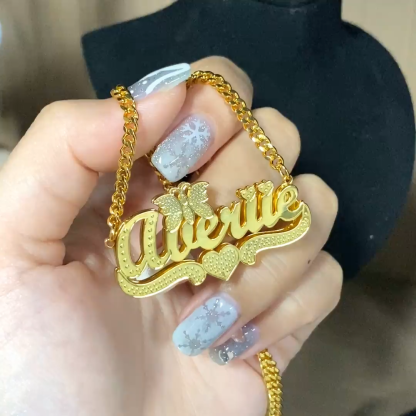 Double Layer Butterfly Heart Shaped Nameplate Personalized Name Necklace 