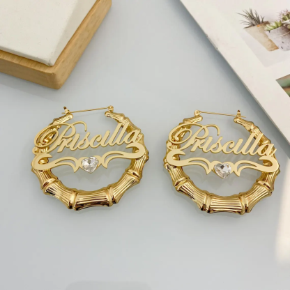 Heart Nameplate with Birthstone Custom Bamboo Earrings