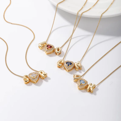 Personalized 2 Initials with Heart Shaped Birthstone Necklace Couple Family Necklace