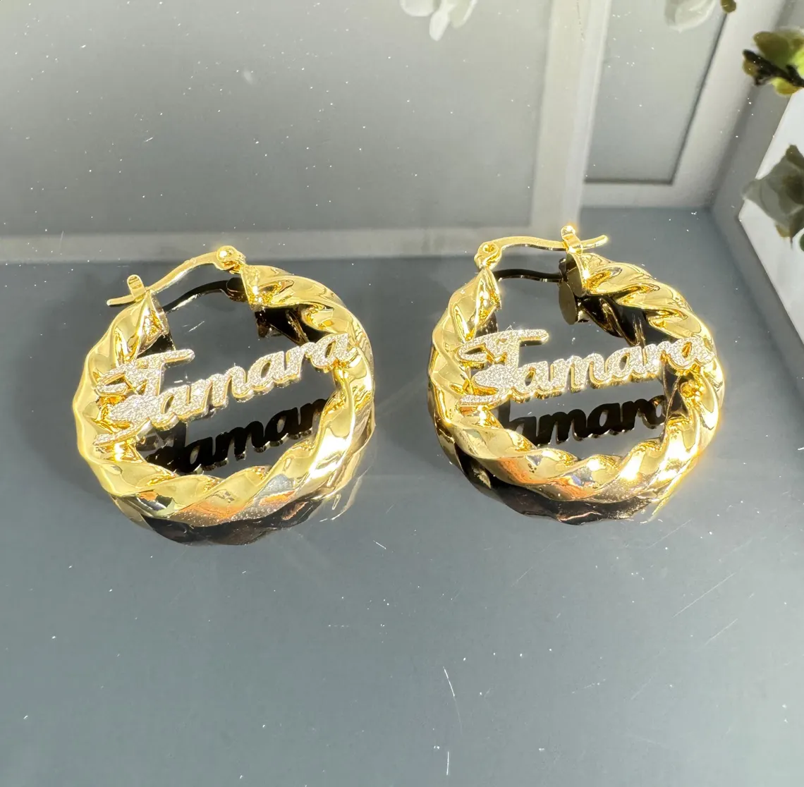 Shinny Heart Nameplate Custom Twist Hoop Earrings