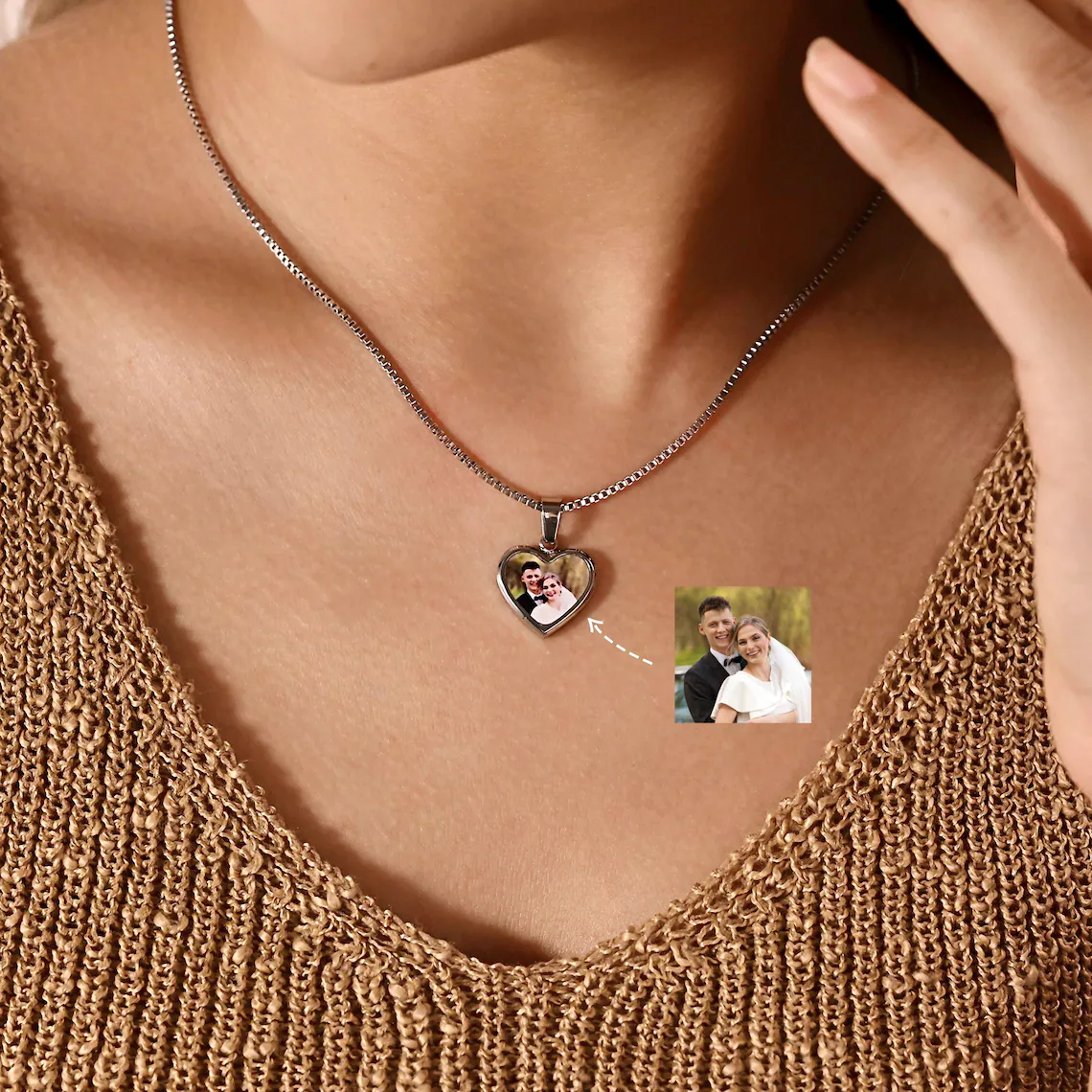 Personalized Heart Photo Pendant Engraving Name Necklace Box Chain