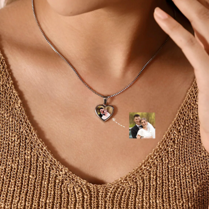 Personalized Heart Photo Pendant Engraving Name Necklace Box Chain