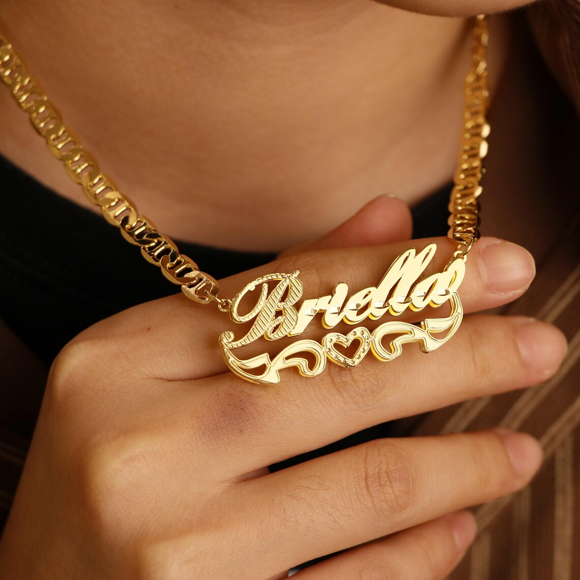 Custom Double Layer Heart Name Necklace Mariner Chian