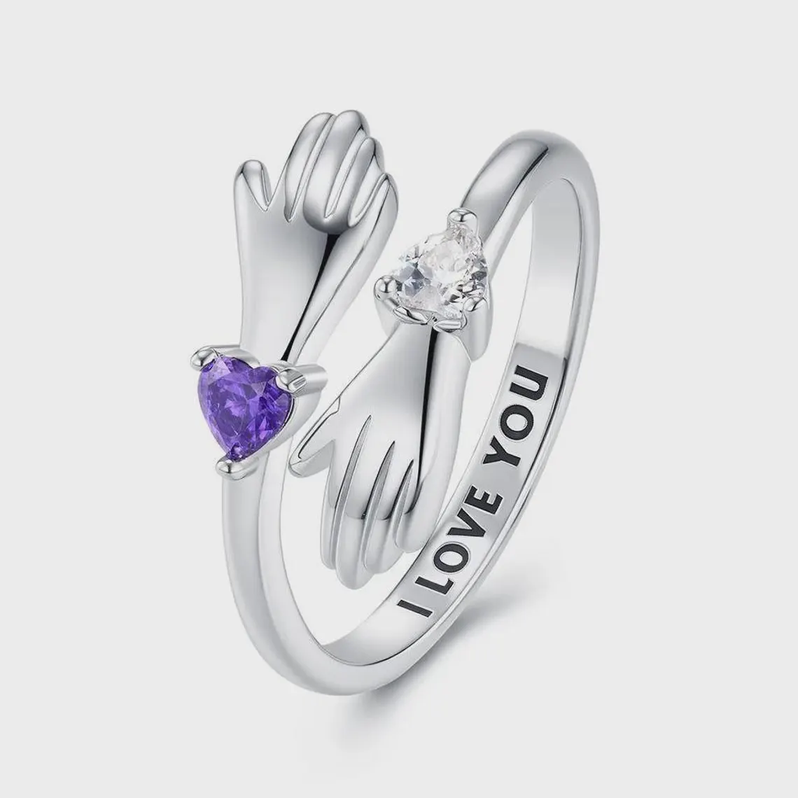 Personalized Hug Ring with Heart Birthstones Engraving Ring