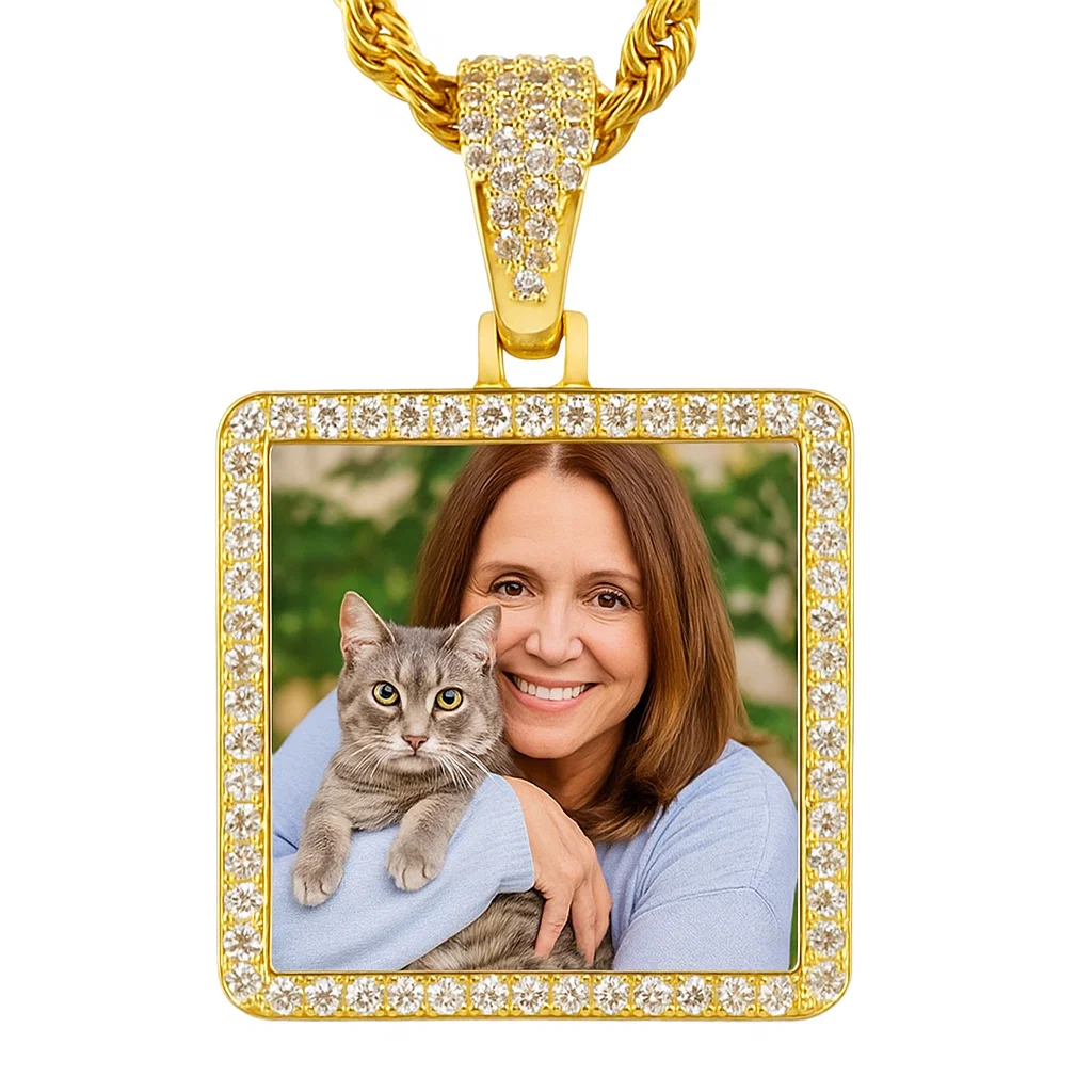 Gold Square Pendant with Rhinestone Border Personalized Photo Necklace
