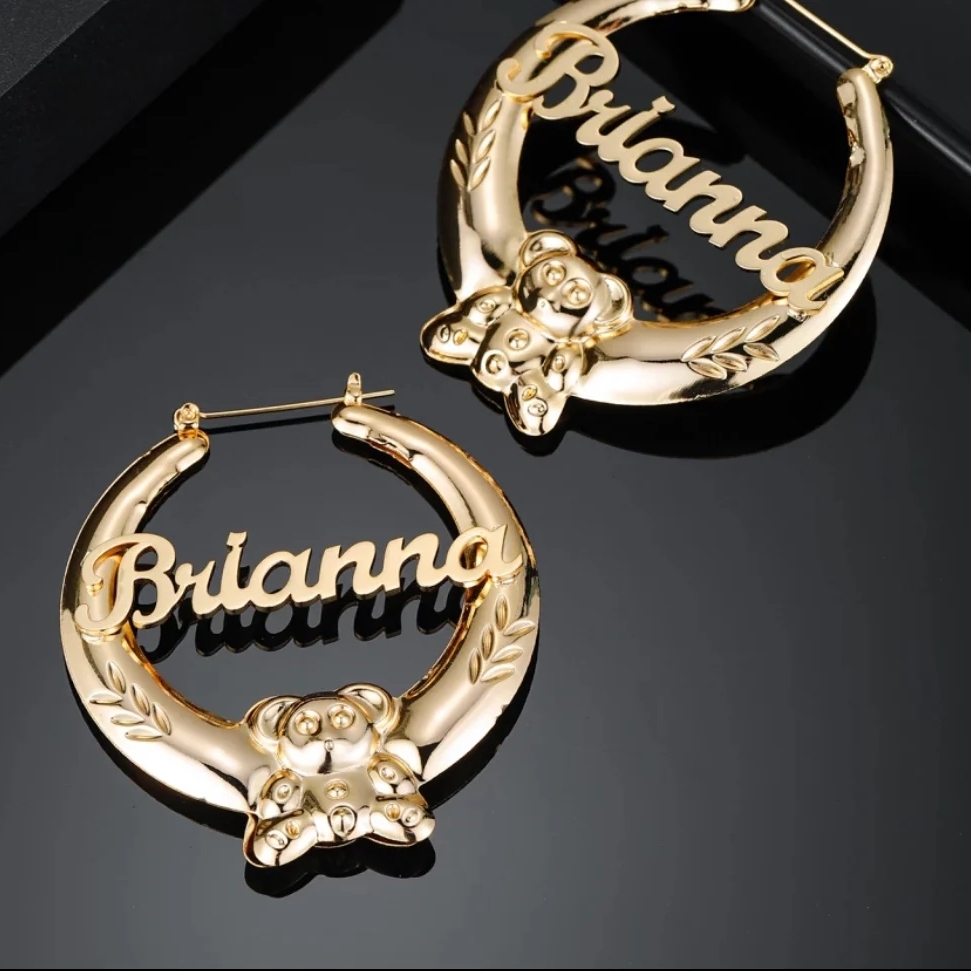 Teddy Nameplate Hoop Earrings Personalised Custom Name Earrings