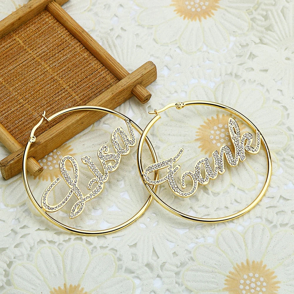 Bling Diamond Name Earrings Gold Plated Personalized Custom Name Hoop Earrings 
