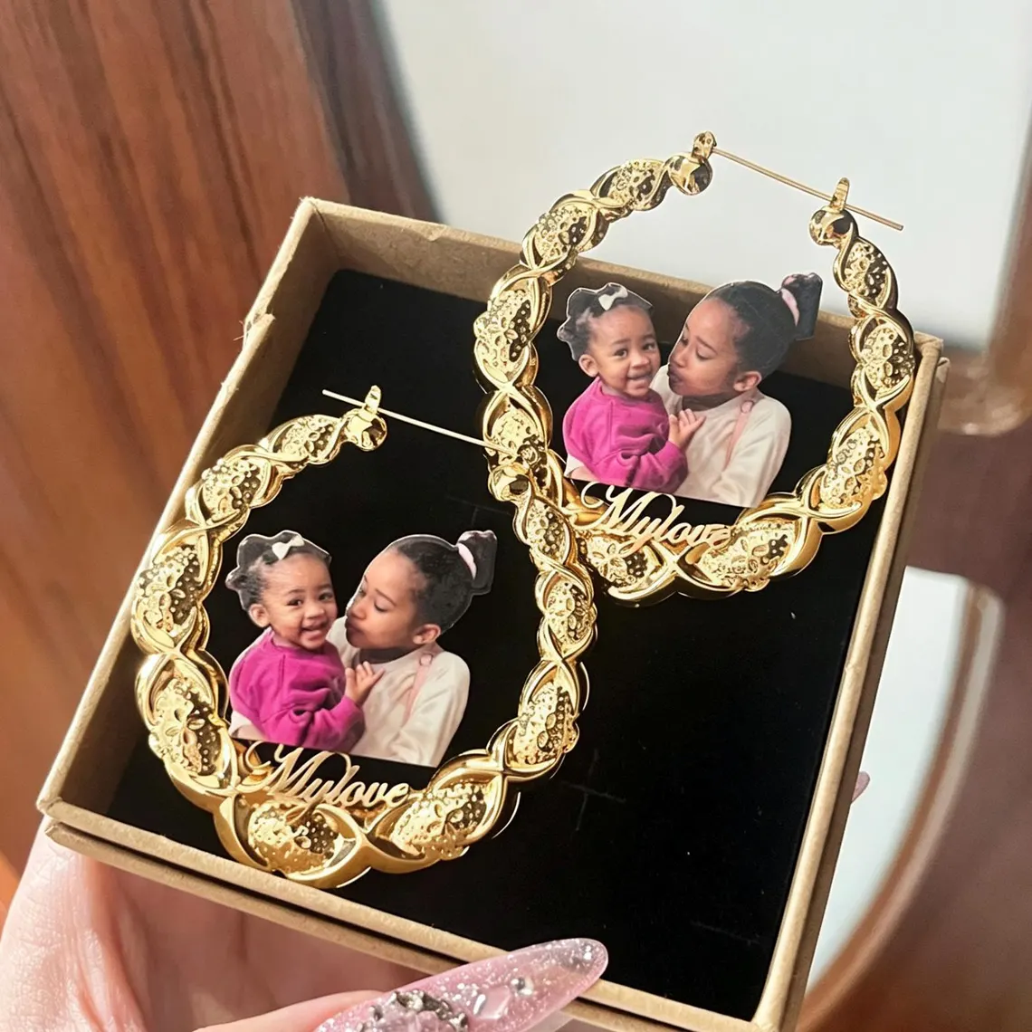Custom Gold Plated Photo Portrait Name Xoxo Bamboo Earrings