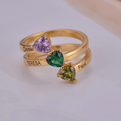 Custom Three Heart Birthstone Engraved Name Ring Family Ring