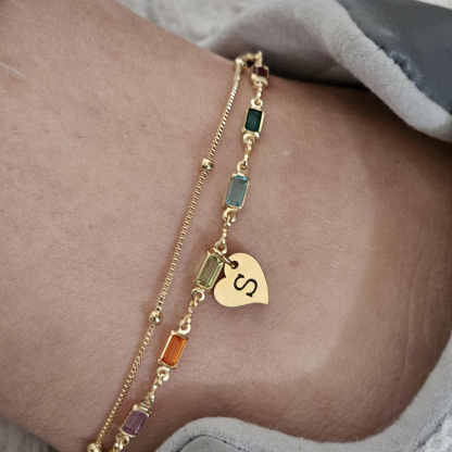 Double Layer Personalized Heart Initial Pendant Colorful Zircon Anklet