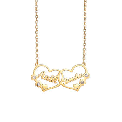 Personalized Couple Double Hearts with Zircons Two Names Necklace