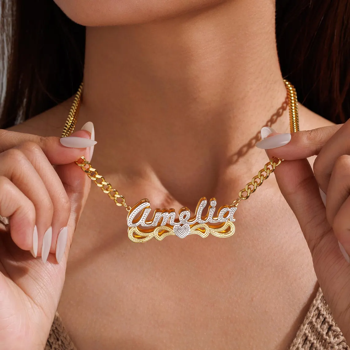 Custom Two Tone Double Plate Diamond Cut 3D Heart Name Necklace