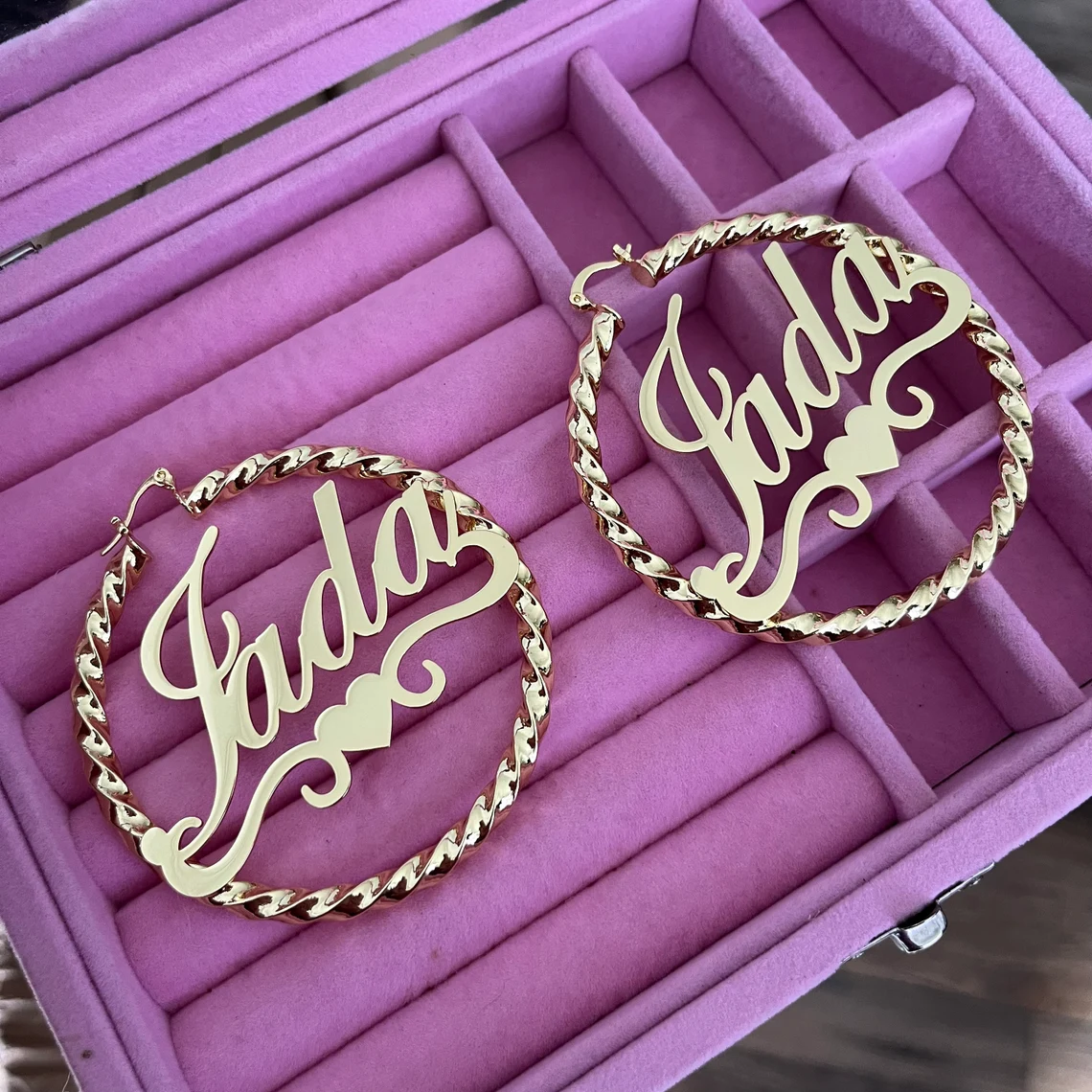 Custom Heart Nameplate Twist Hoop Earrigns Gold Plated