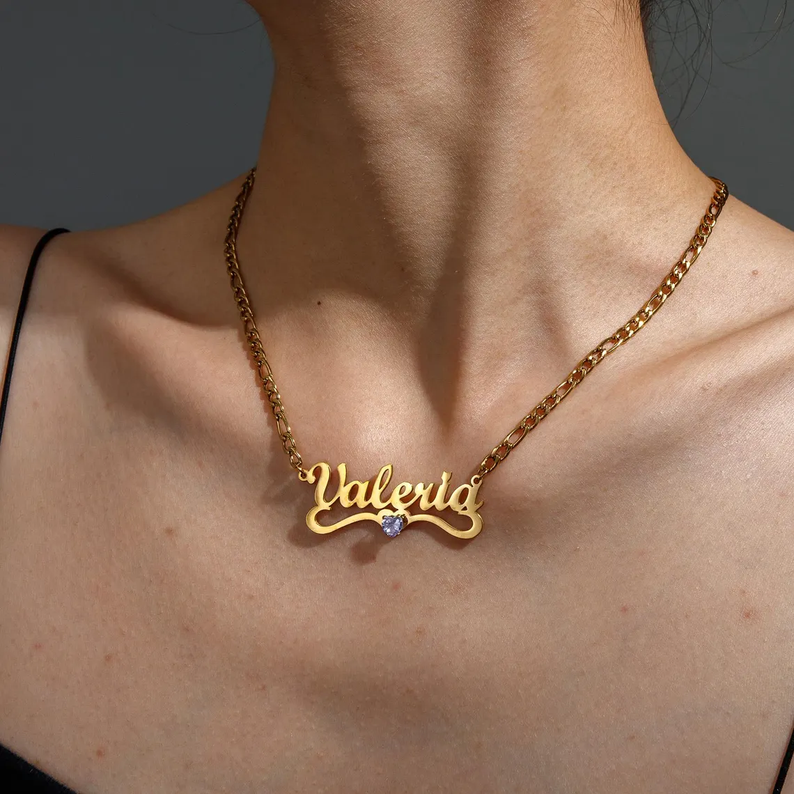 Gold Plated Personalized Nameplate with Heart Birthstone Jewelry Set 3pcs