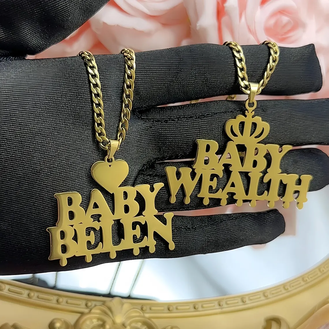 Custom Double Names Necklace With Crown Heart Gold Plated